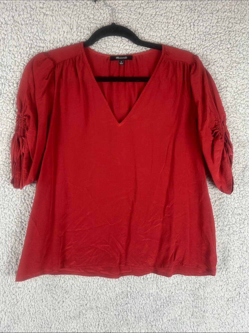 Madewell V-Neck 100% Silk Short Ruched Sleeve Top Women’s, Size M